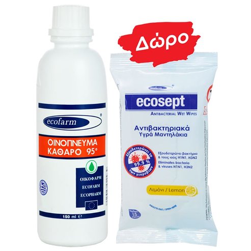 Ecofarm PROMO PACK Чист алкохол 95°, 150ml & Подарък Antibacterial Wet Wipes Lemon 15wipes