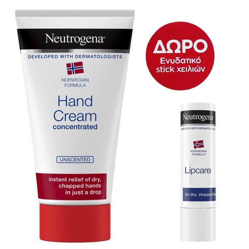 Neutrogena PROMO PACK Hand Cream Concentrated Unscented 75ml & Подарък Neutrogena Lip Care Stick 4.8gr