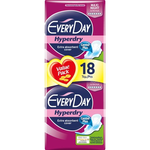 Every Day Hyperdry Maxi Night Value Pack Екстра тънки салфетки Екстра абсорбент, идеални за нощта 18 парчета