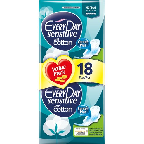 Every Day Sensitive Normal Ultra Plus Value Pack Много тънки дамски превръзки с памучно покритие идеални за нормален поток 18 бp