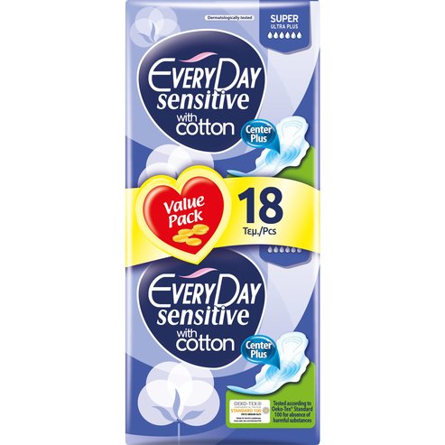 Every Day Sensitive Super Ultra Plus Value Pack Много тънки дамски превръзки с памучно покритие, за много голям поток 18 броя