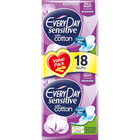 Every Day Sensitive Maxi Night Ultra Plus Value Pack Много тънки дамски превръзки с памучно покритие, идеални за нощта 18 парчет