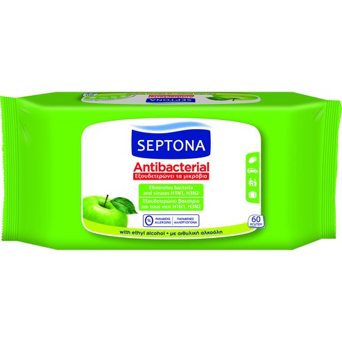 Septona Antibacterial Wipes Green Apple Антибактериални кърпички за ръце с аромат на зелена ябълка 60 броя