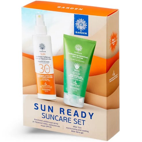 Garden Promo Sun Ready Suncare Set Sunscreen Lotion Spray Spf30 with Organic Aloe Vera for Face & Body 150ml & After Sun Aloe Vera Moisturising & Soothing Gel 150ml