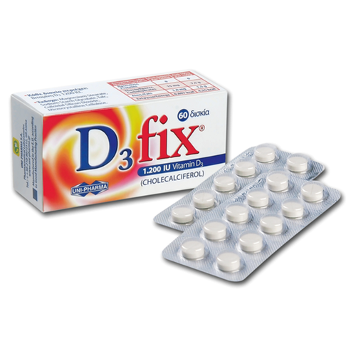 Uni-Pharma D3 Fix 1200 IU Допринася за нормалната функция на костите, зъбите, мускулите и имунната система 60tabs