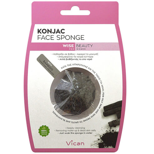 Vican Konjac Face Sponge Гъба за лице с бамбуков въглен на прах за мазна, склонна към акне кожа, 1 бр.
