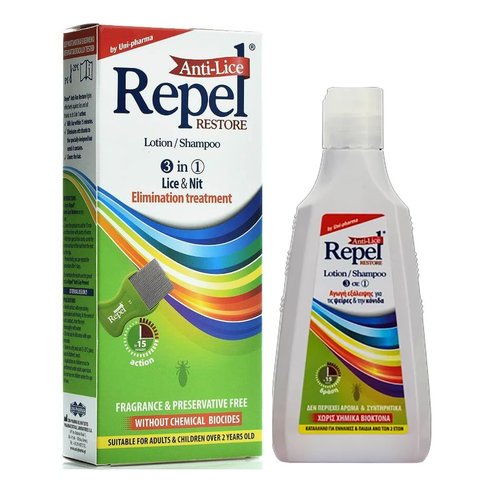 Uni-Pharma Repel Anti-Lice Restore Lotion/Shampoo, Елиминиращо лечение за въшки и гниди, включен специален гребен 200gr
